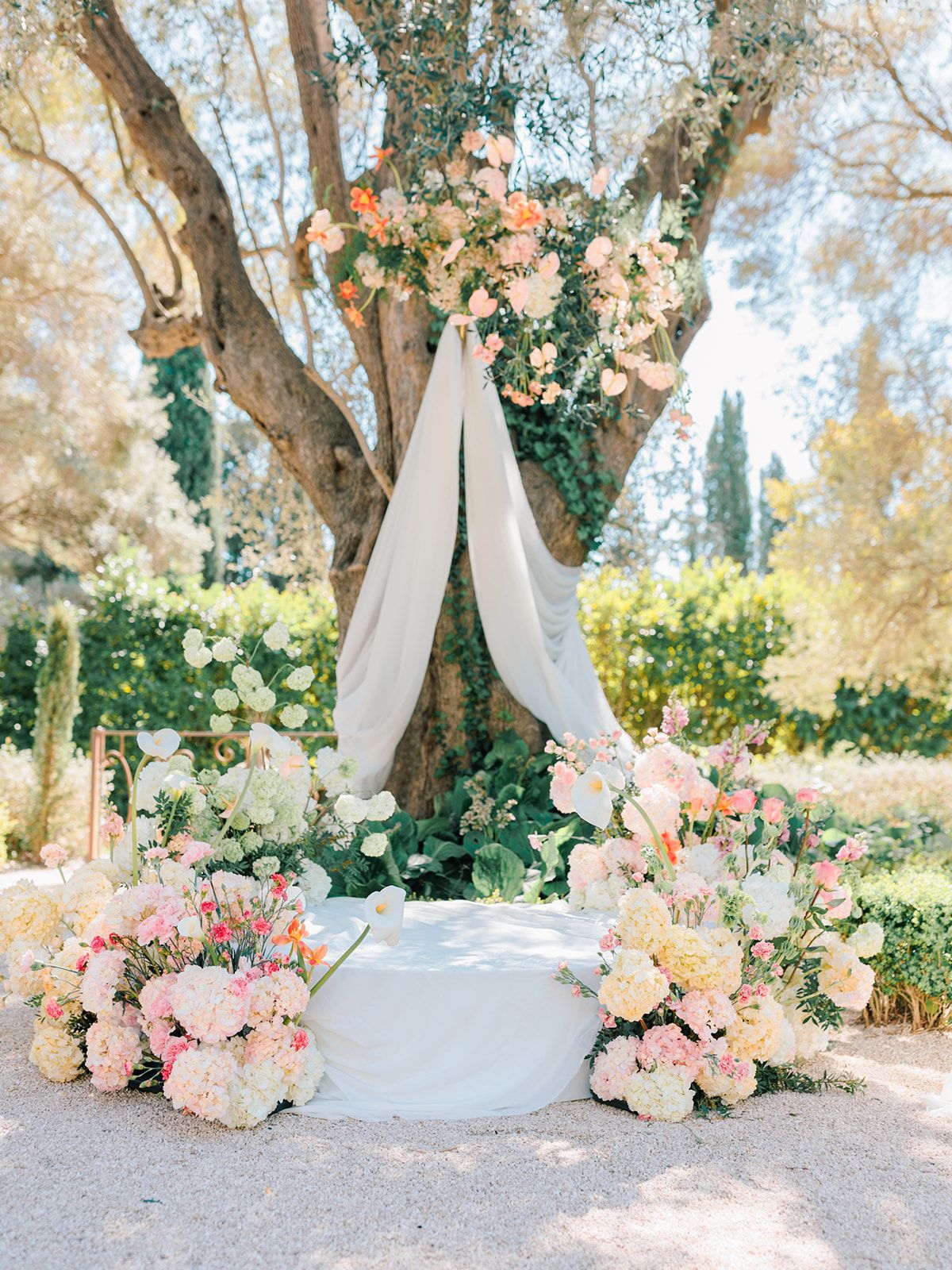 Ceremony altar draped in ivory with peach and blush florals beneath the olive trees