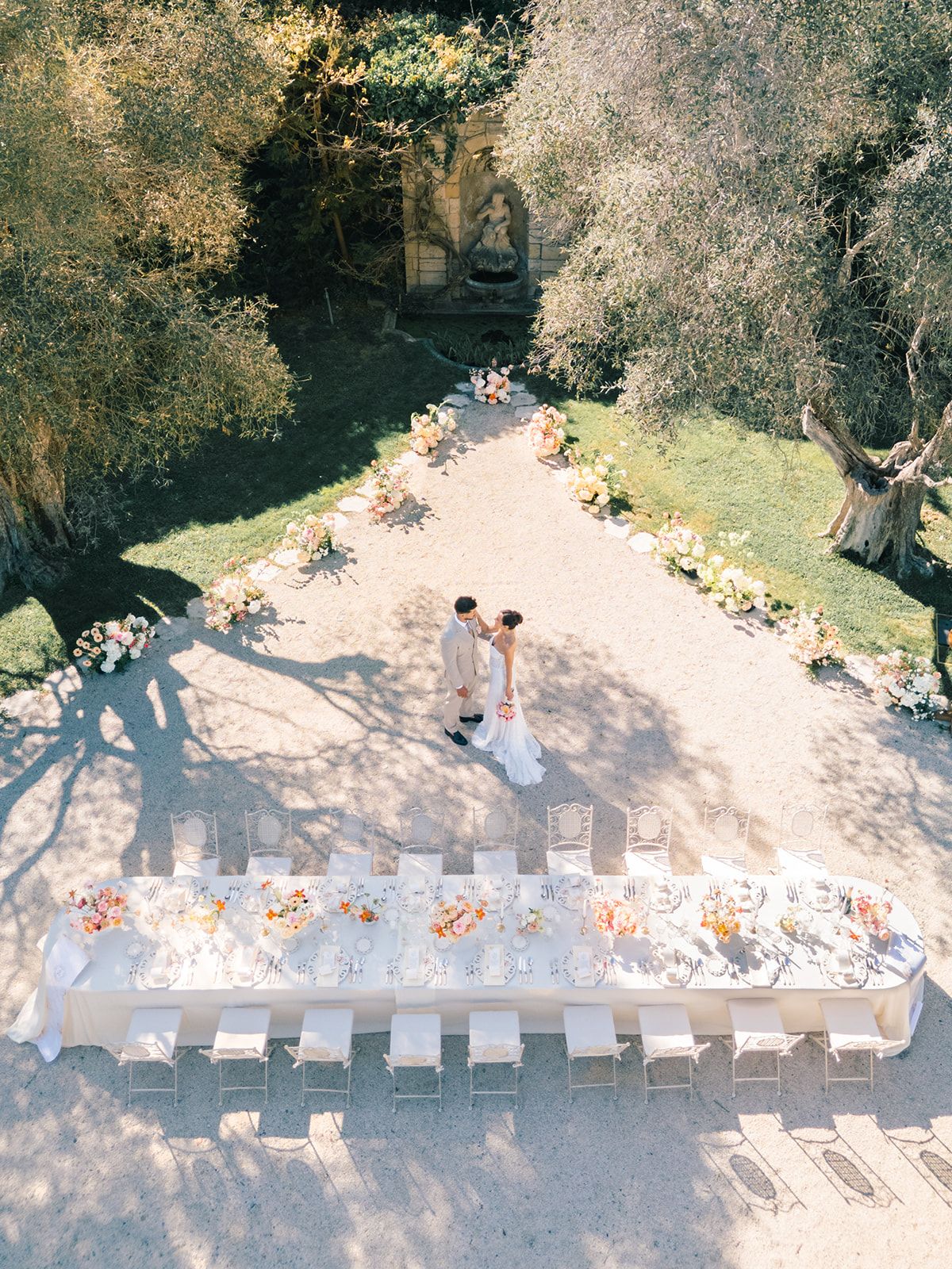 Aerial view of the ceremony aisle and seating beside the reflecting pool