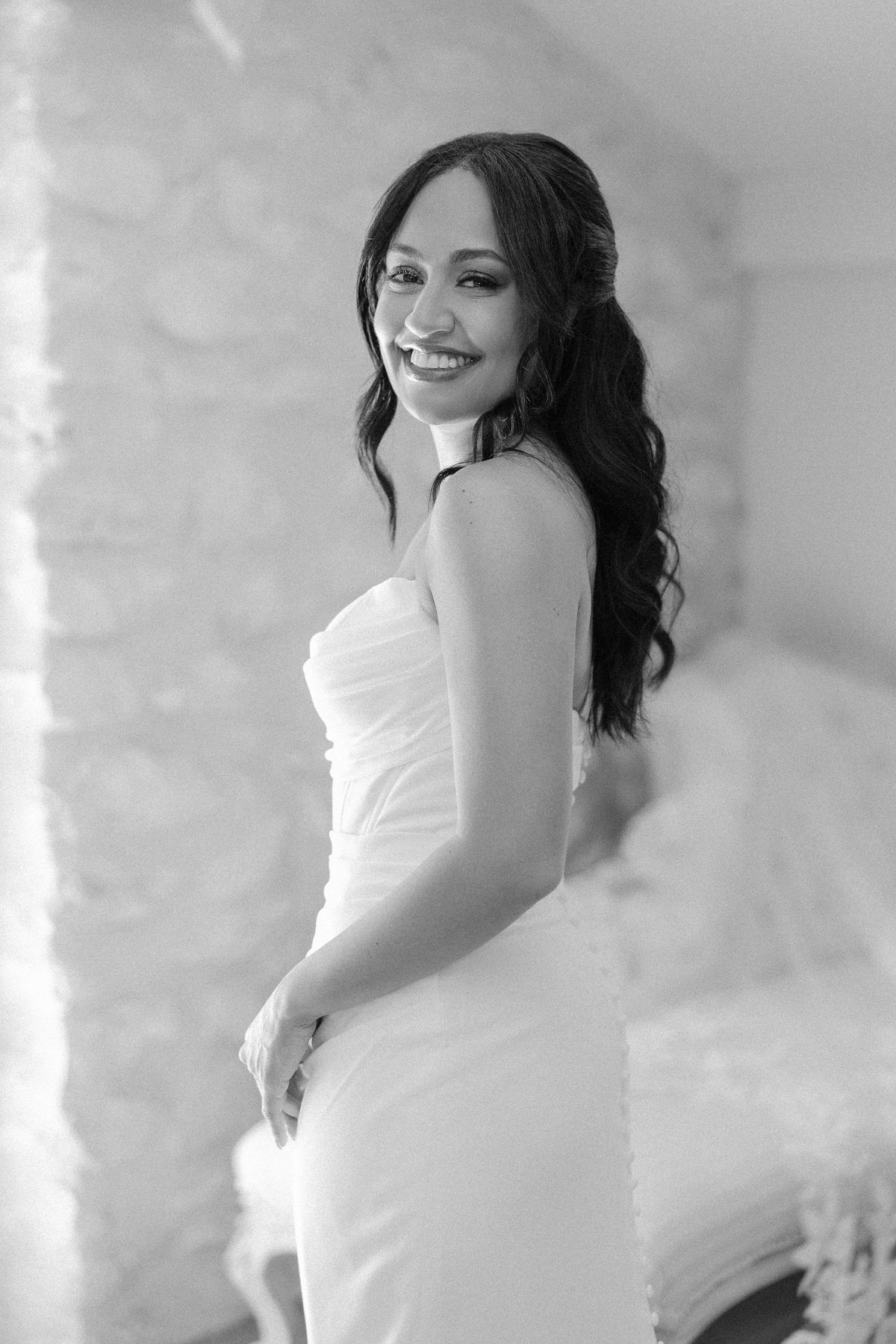 Black and white close-up portrait of the bride