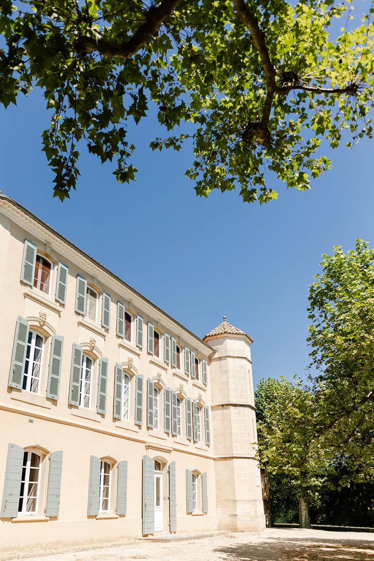 Pale façade and corner tower of Château de Pradines under plane trees and blue sky