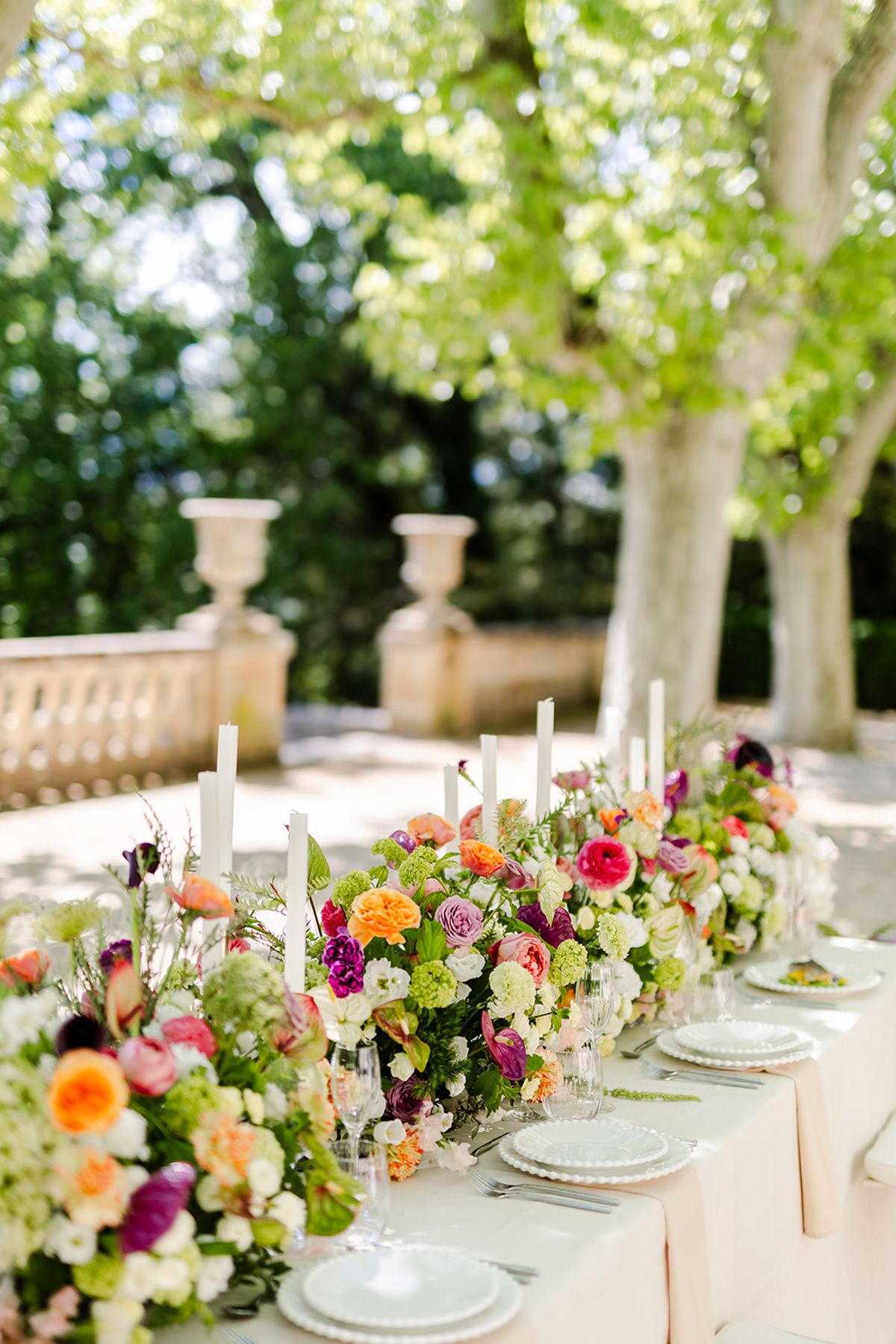 Long table under the plane trees with flowers running its length beside the balustrade