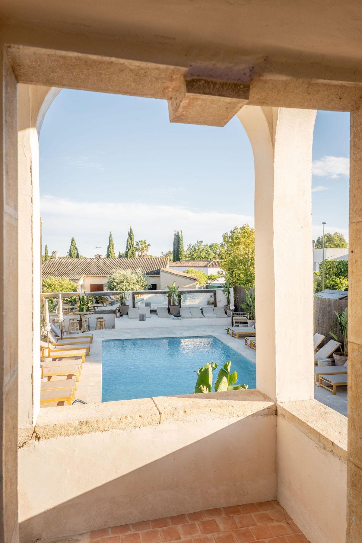 A shaded view over the swimming pool
