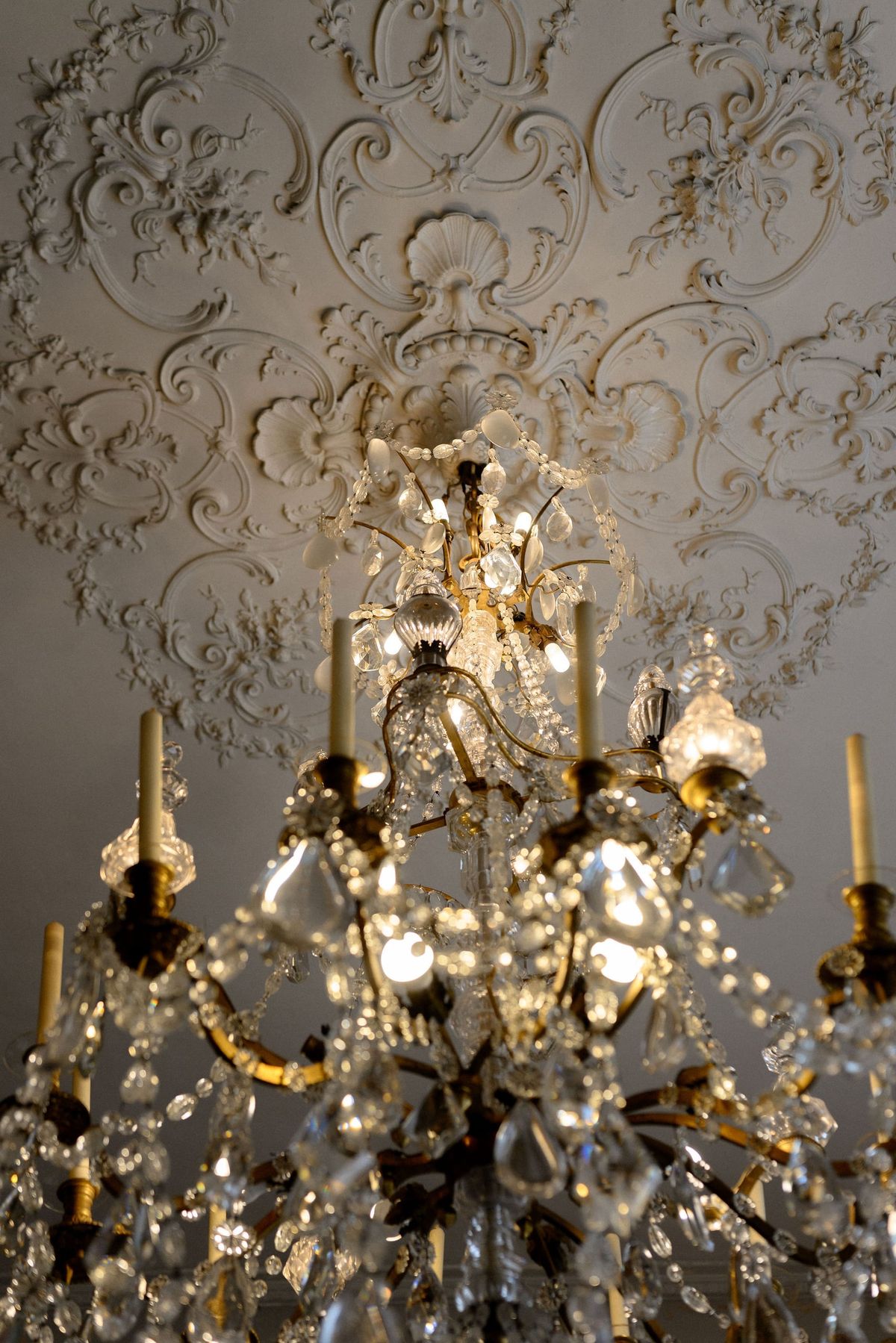 Crystal chandelier beneath the ornate moulded ceiling of the grand salon at Château du Terral