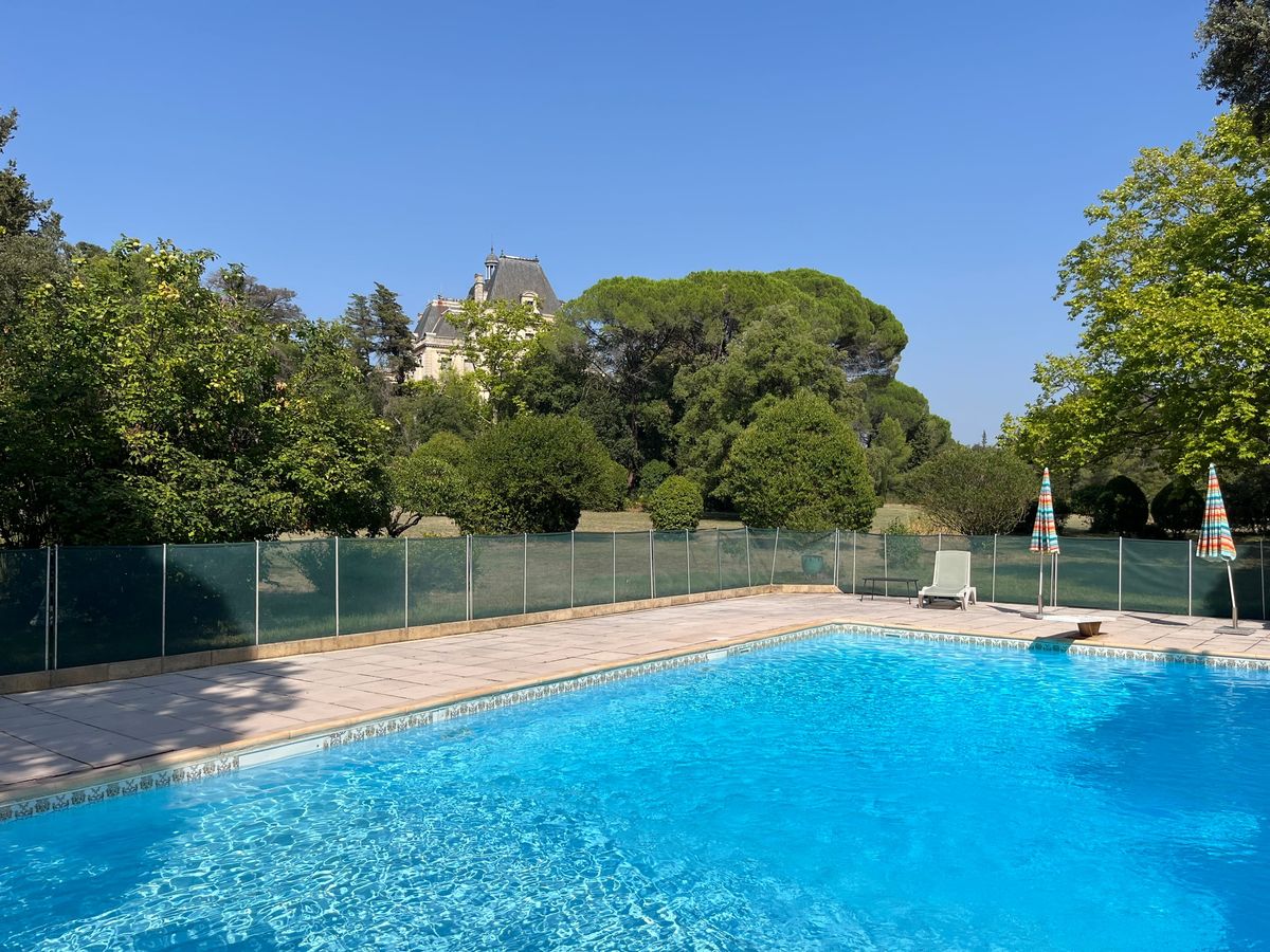 Outdoor swimming pool at Château du Terral framed by trees, with the château beyond