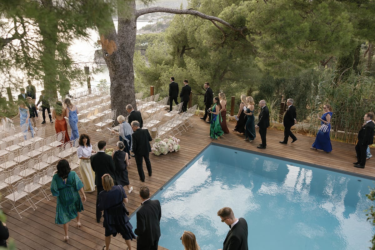 Bella and Jonny’s ceremony on the sea-deck terrace at Domaine de Canaille, Cassis