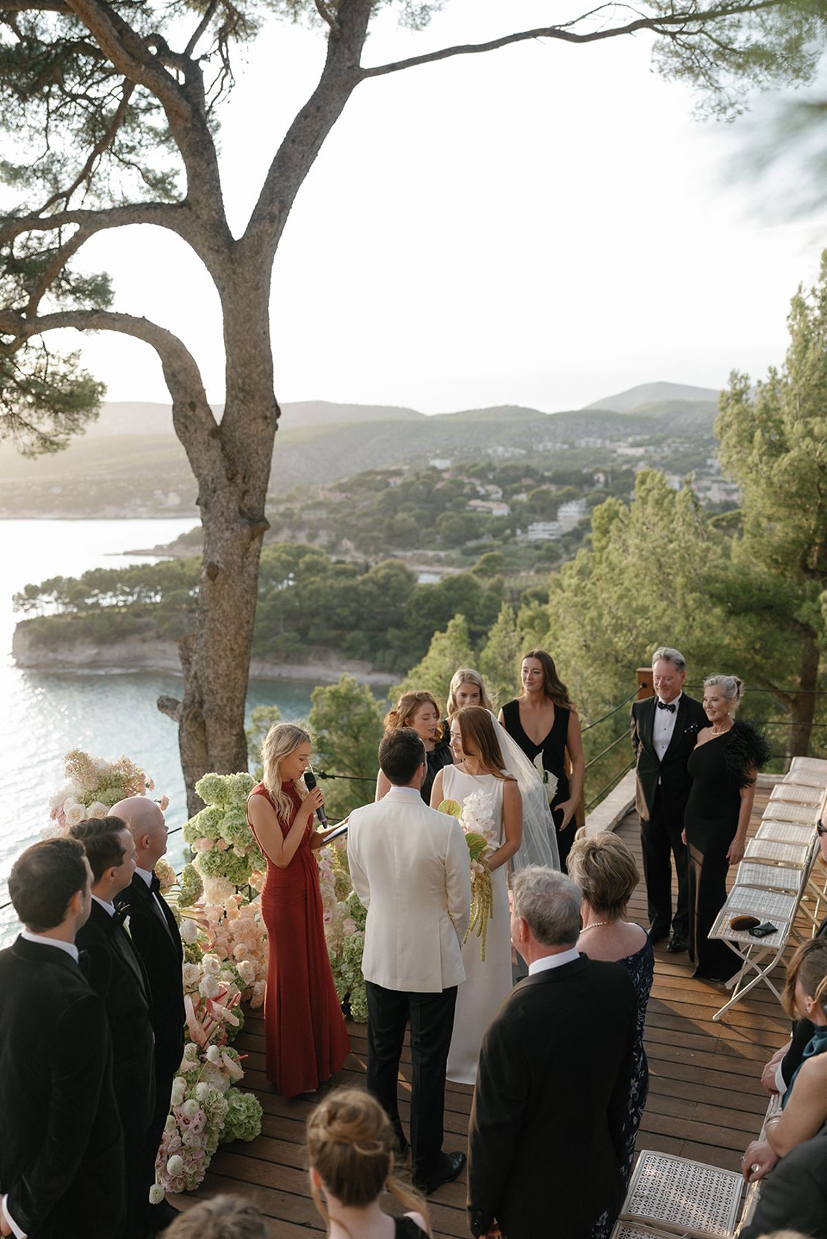 Bella and Jonny’s ceremony on the sea-deck terrace at Domaine de Canaille, Cassis