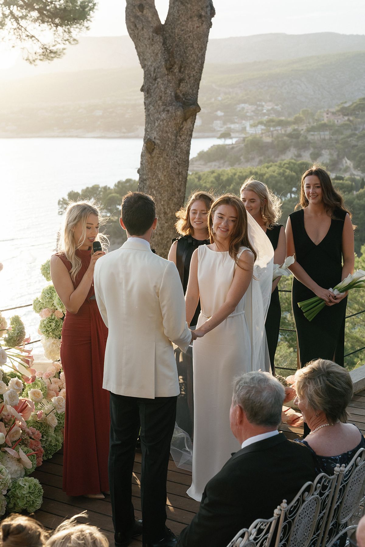 Bella and Jonny’s ceremony on the sea-deck terrace at Domaine de Canaille, Cassis