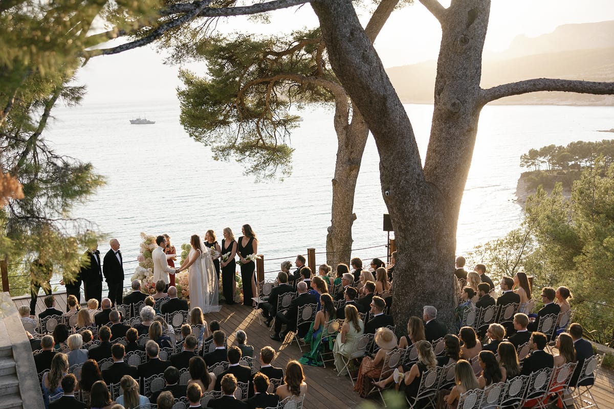 Bella and Jonny’s ceremony on the sea-deck terrace at Domaine de Canaille, Cassis
