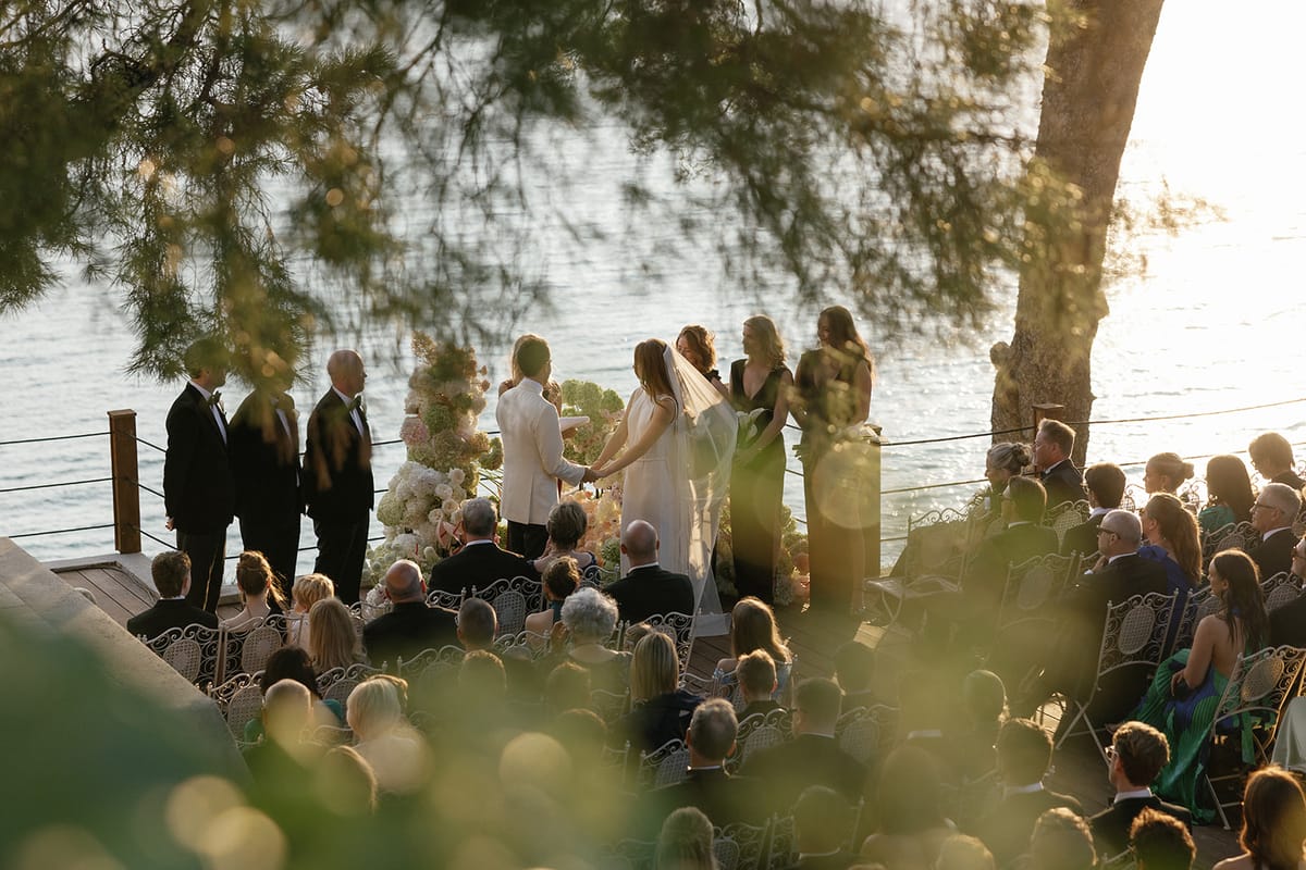 Bella and Jonny’s ceremony on the sea-deck terrace at Domaine de Canaille, Cassis