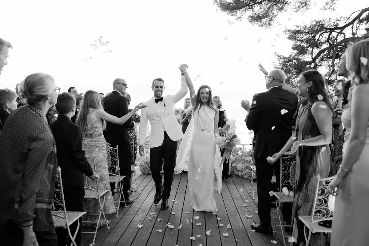 Bella and Jonny’s ceremony on the sea-deck terrace at Domaine de Canaille, Cassis