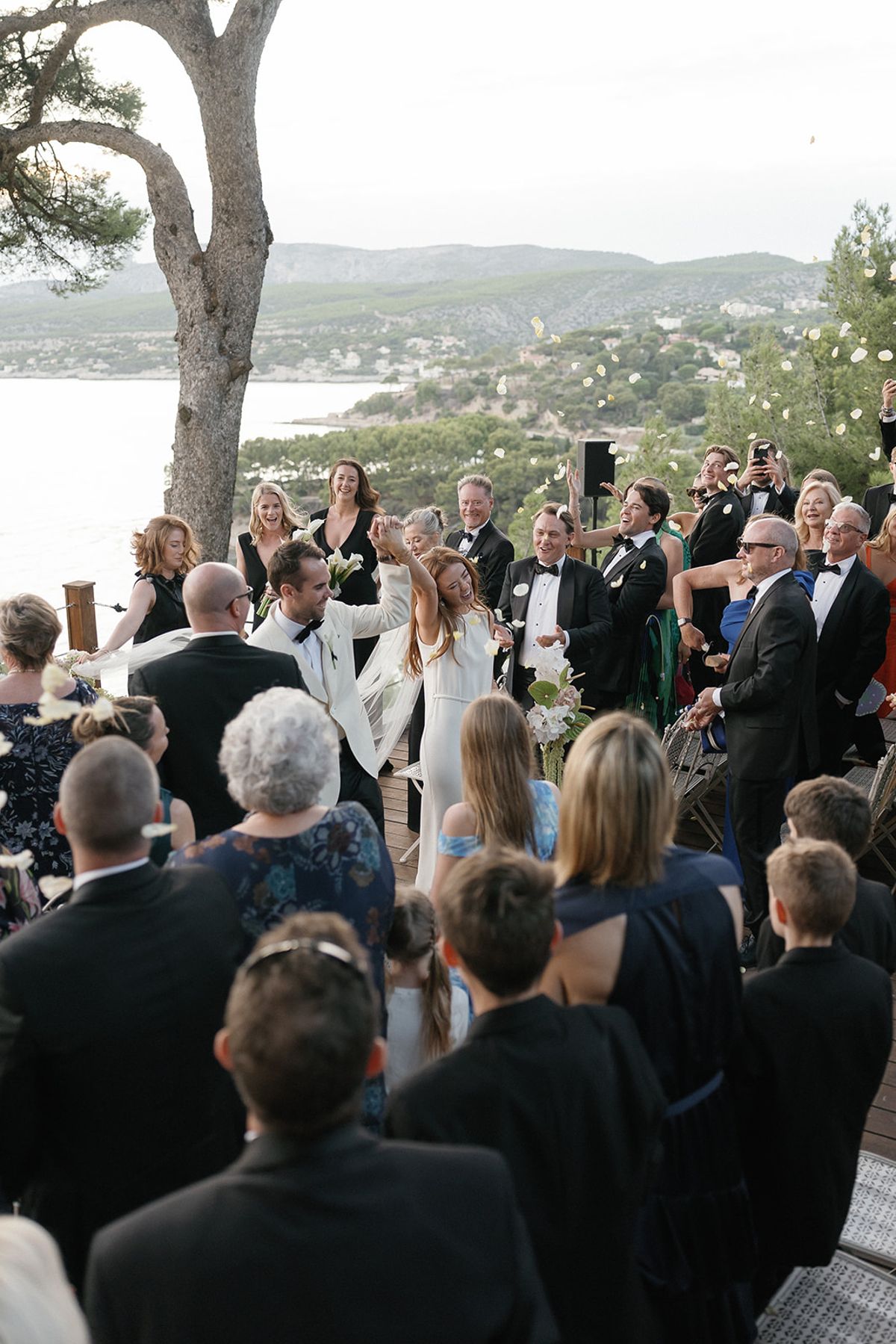 Bella and Jonny’s ceremony on the sea-deck terrace at Domaine de Canaille, Cassis