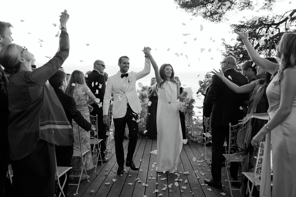 Bella and Jonny’s ceremony on the sea-deck terrace at Domaine de Canaille, Cassis