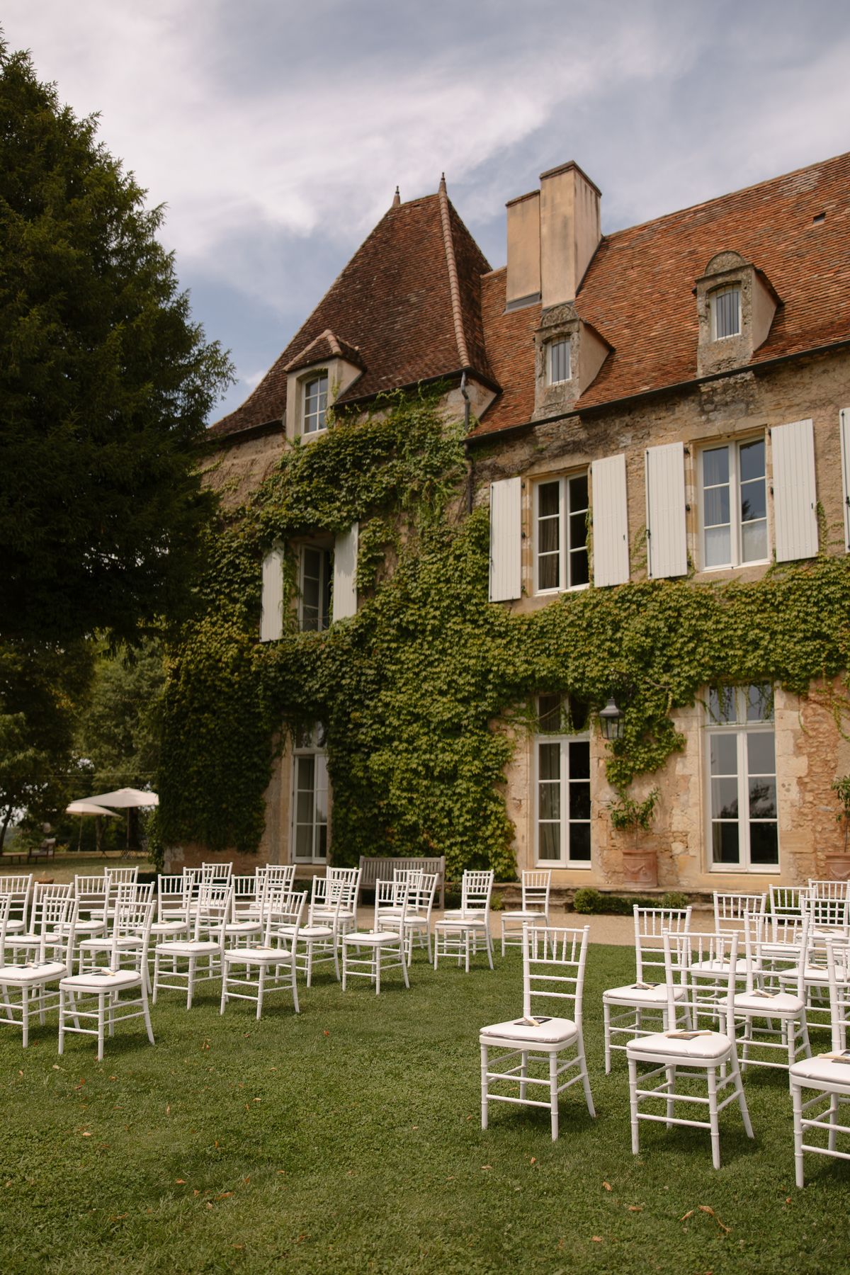Amy and Oscar's outdoor ceremony on the garden terrace at Chateau de Cazenac in the Dordogne