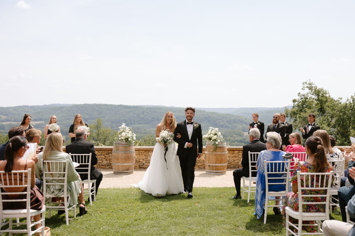 Amy and Oscar's outdoor ceremony on the garden terrace at Chateau de Cazenac in the Dordogne