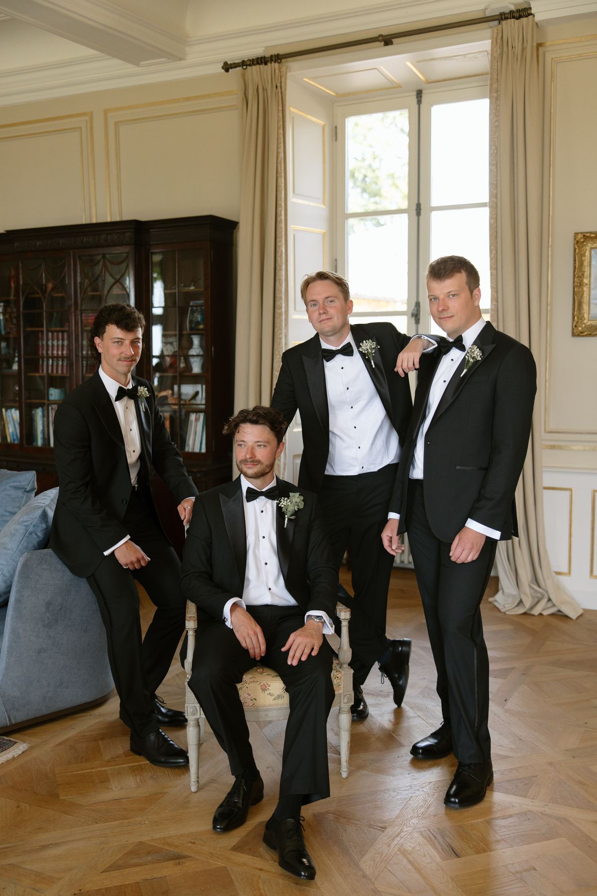 Amy and Oscar getting ready before their summer wedding at Chateau de Cazenac in the Dordogne