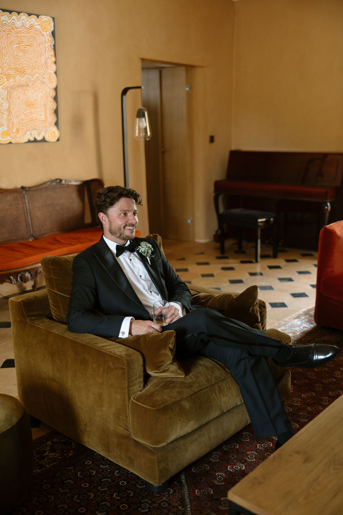 Amy and Oscar getting ready before their summer wedding at Chateau de Cazenac in the Dordogne