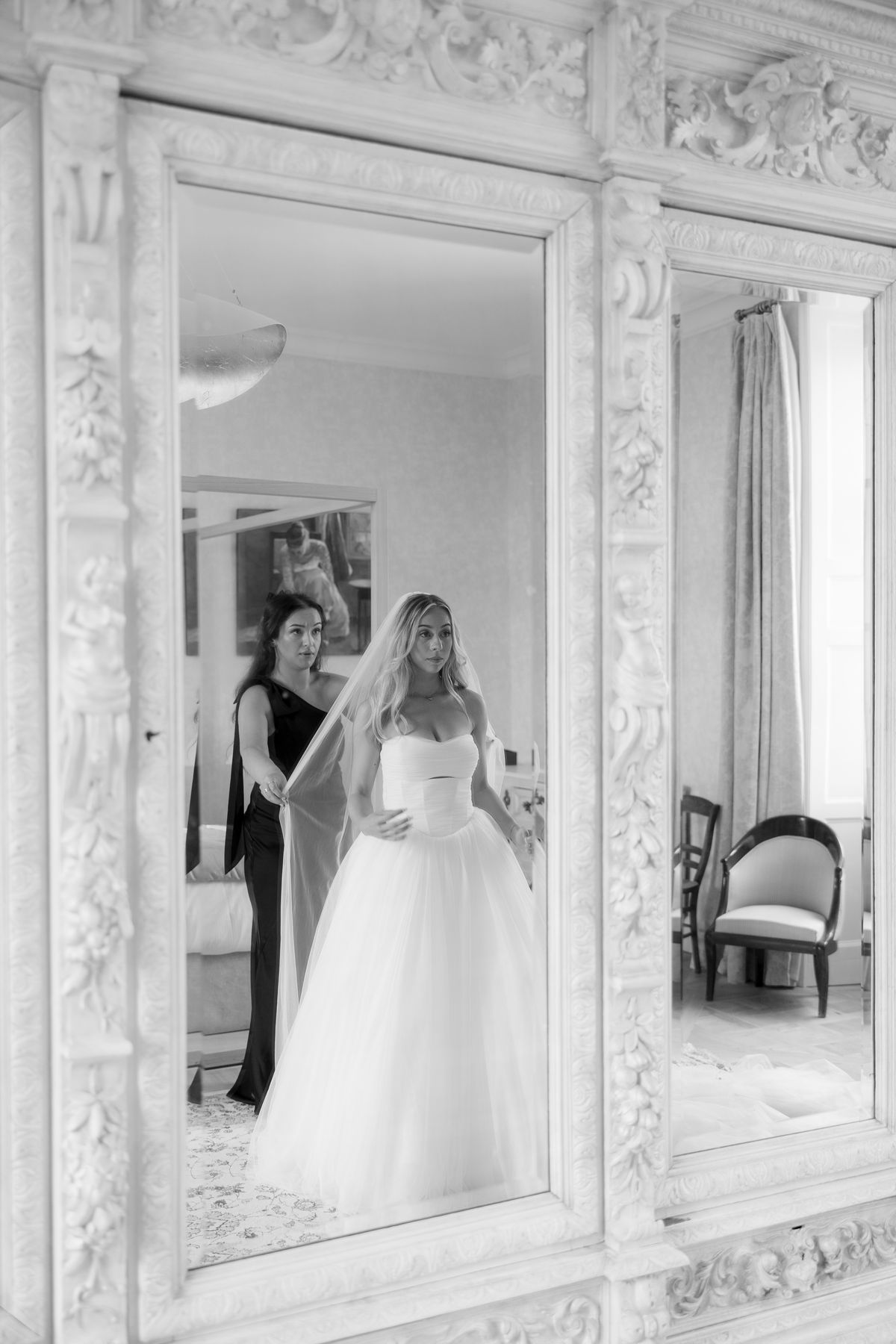 Amy and Oscar getting ready before their summer wedding at Chateau de Cazenac in the Dordogne