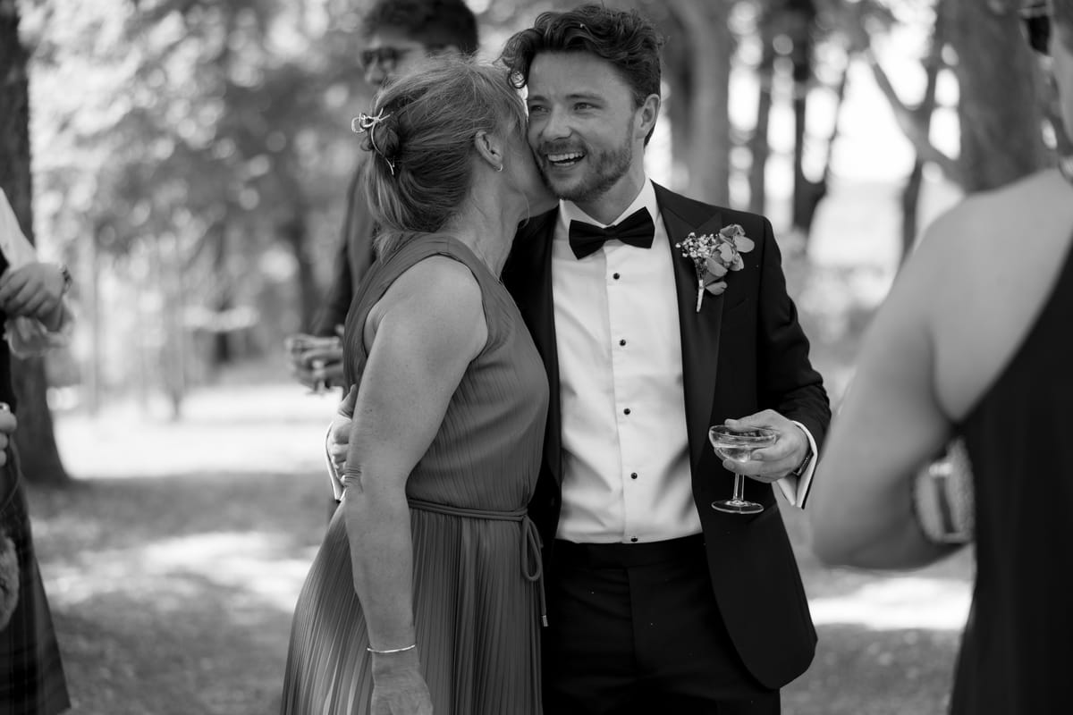 The vin d'honneur at Amy and Oscar's summer wedding at Chateau de Cazenac in the Dordogne