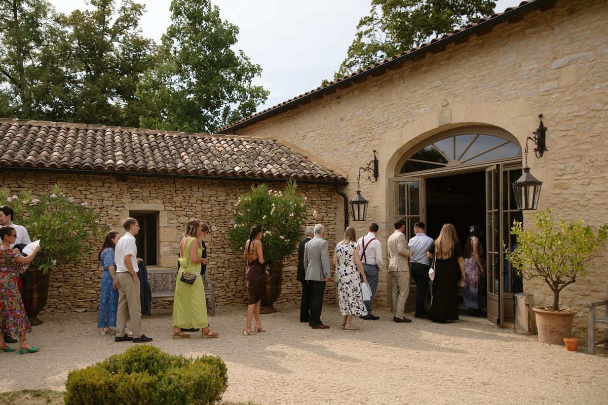 The vin d'honneur at Amy and Oscar's summer wedding at Chateau de Cazenac in the Dordogne