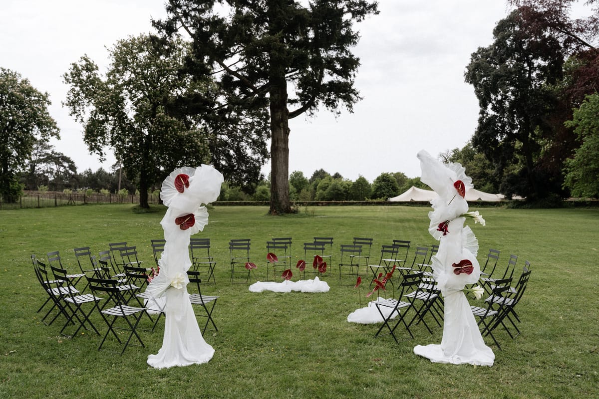 Old money styled shoot at Domaine le Mezo, Brittany, the ceremony set on the lawn