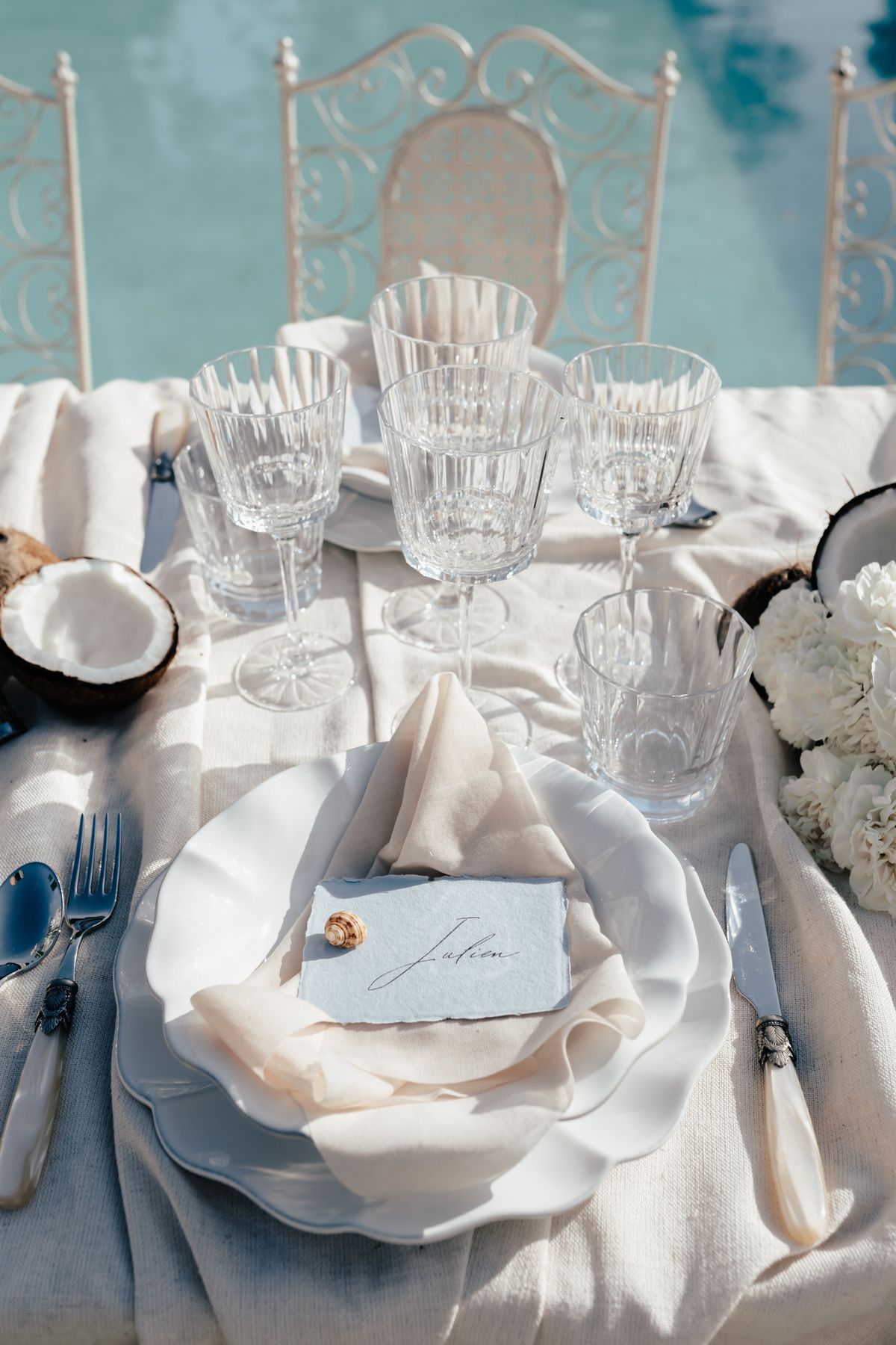 Place setting with a calligraphed name card, folded napkin and coconut detail