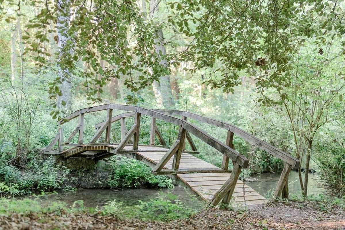 Wooden footbridge over a stream on the manor's grounds