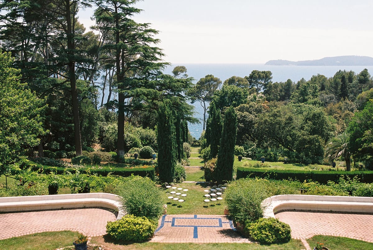 Formal garden with cypress trees and a sea view at Domaine Rocabella, French Riviera