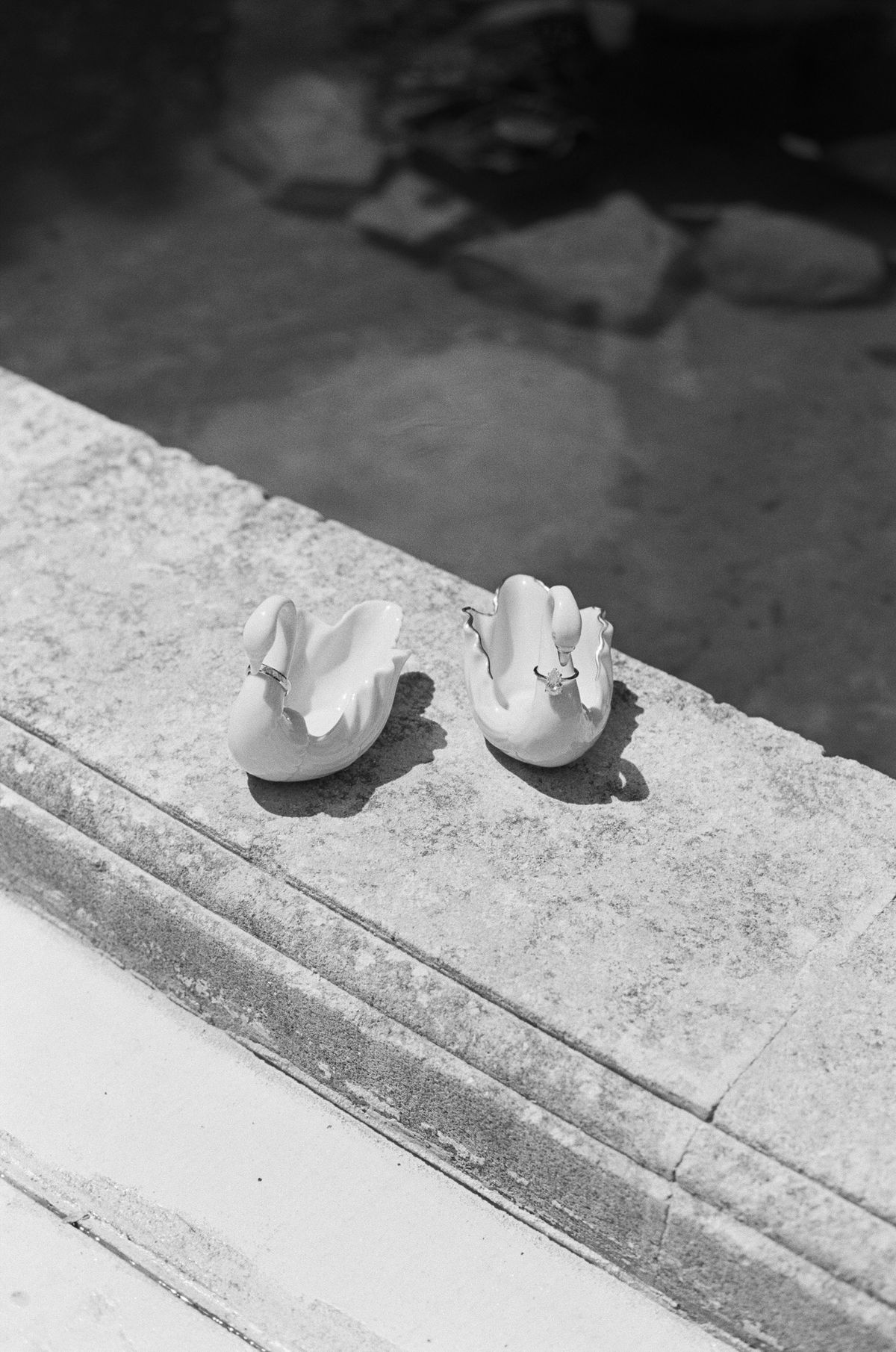 Black-and-white photo of two small ceramic swan dishes, each with a ring on its neck, on a stone ledge above water.