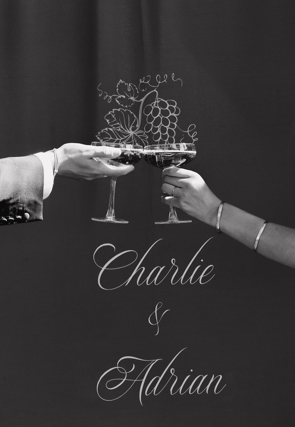 Two hands toasting coupe glasses in front of a hand-calligraphed welcome sign with a grapevine motif