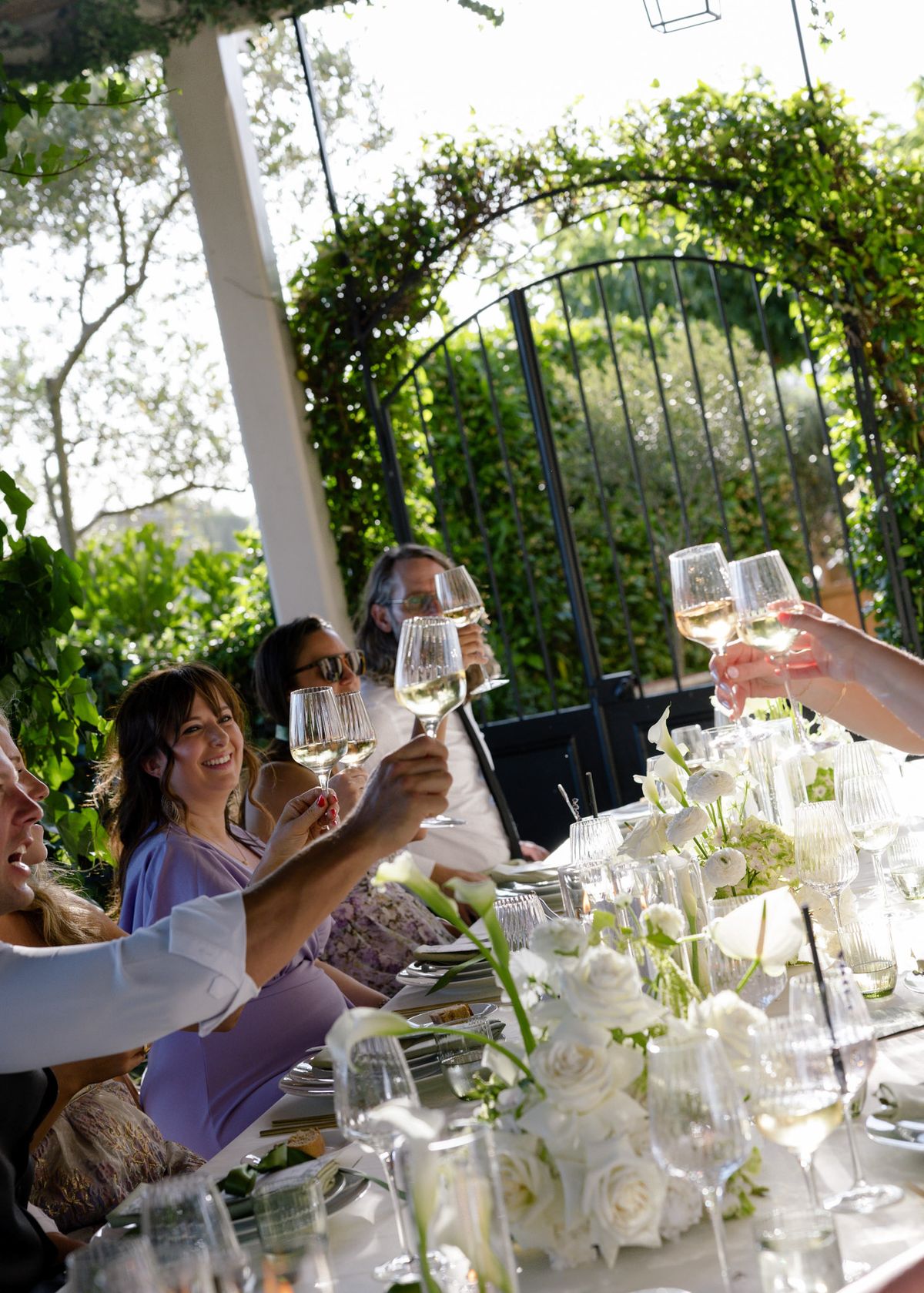 Guests raising glasses under the pergola