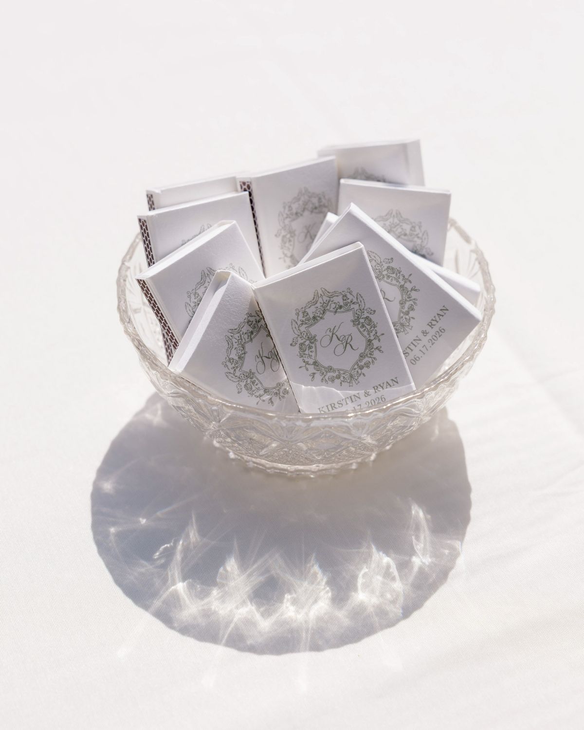 Bowl of custom wedding matchbooks