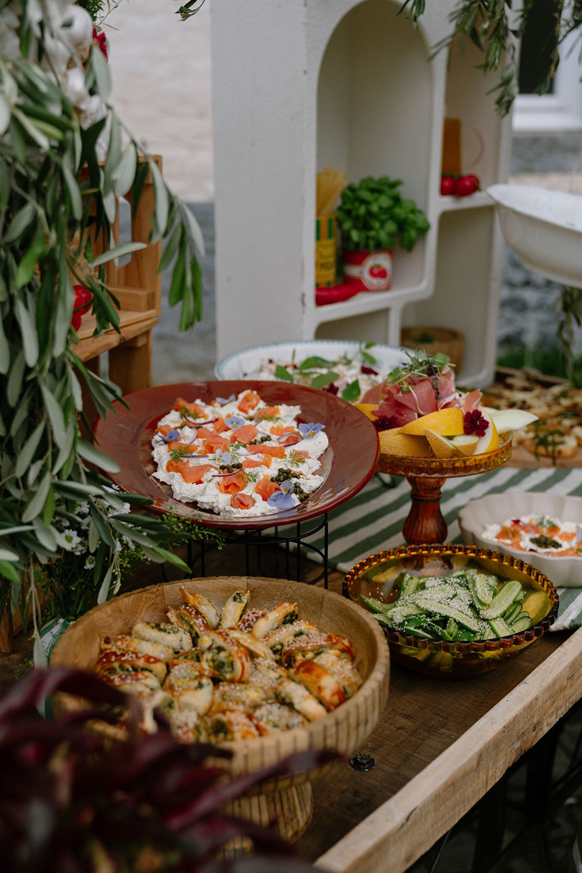 Spread of Mediterranean-style dishes on the lunch table