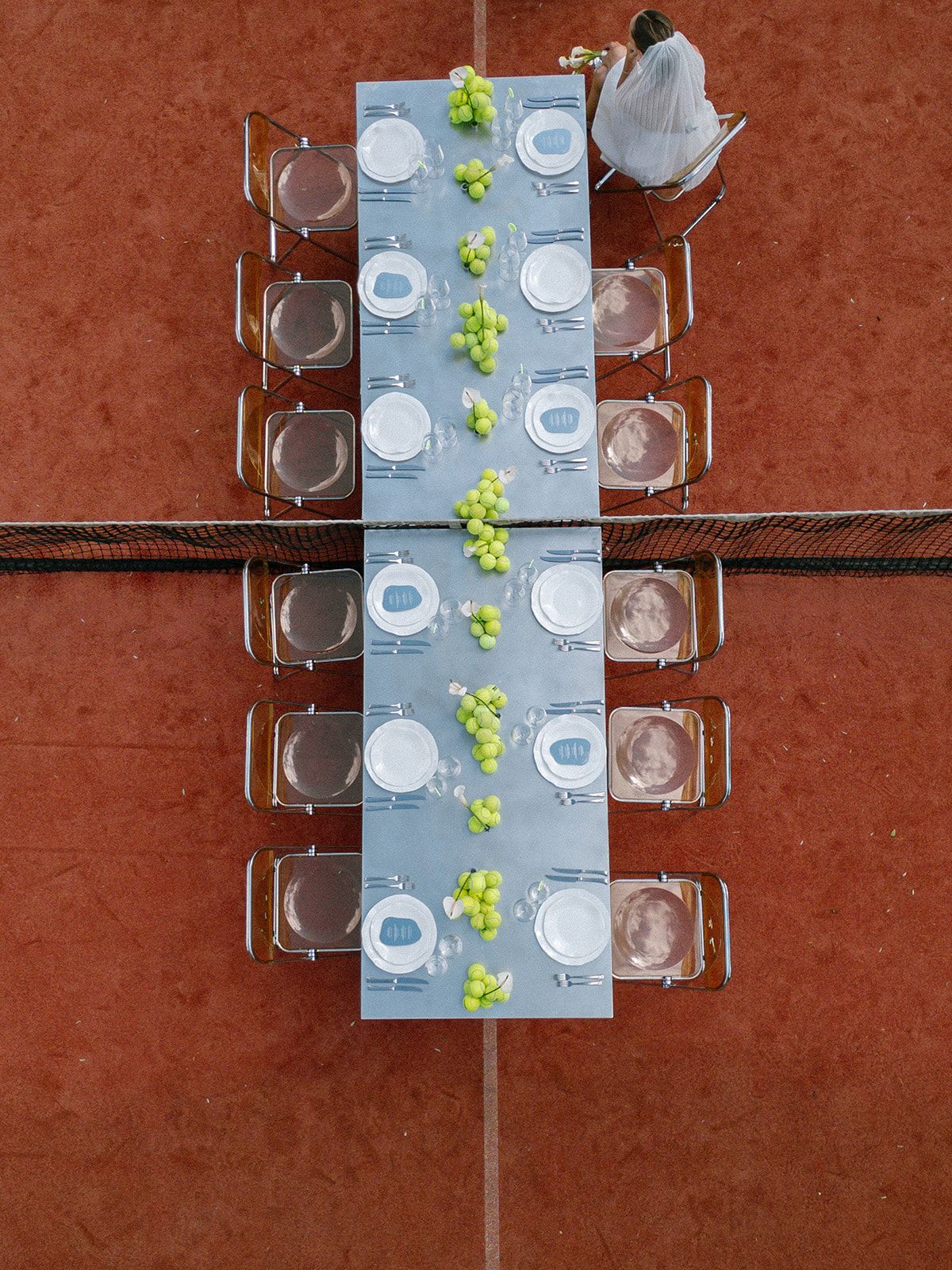 Overhead detail of the tennis-court table setting