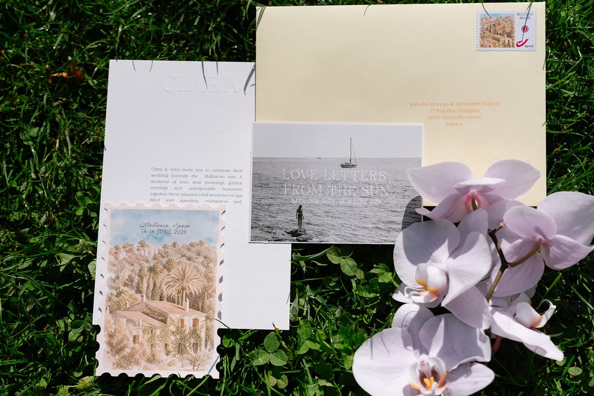 Wedding stationery flat lay set among garden foliage