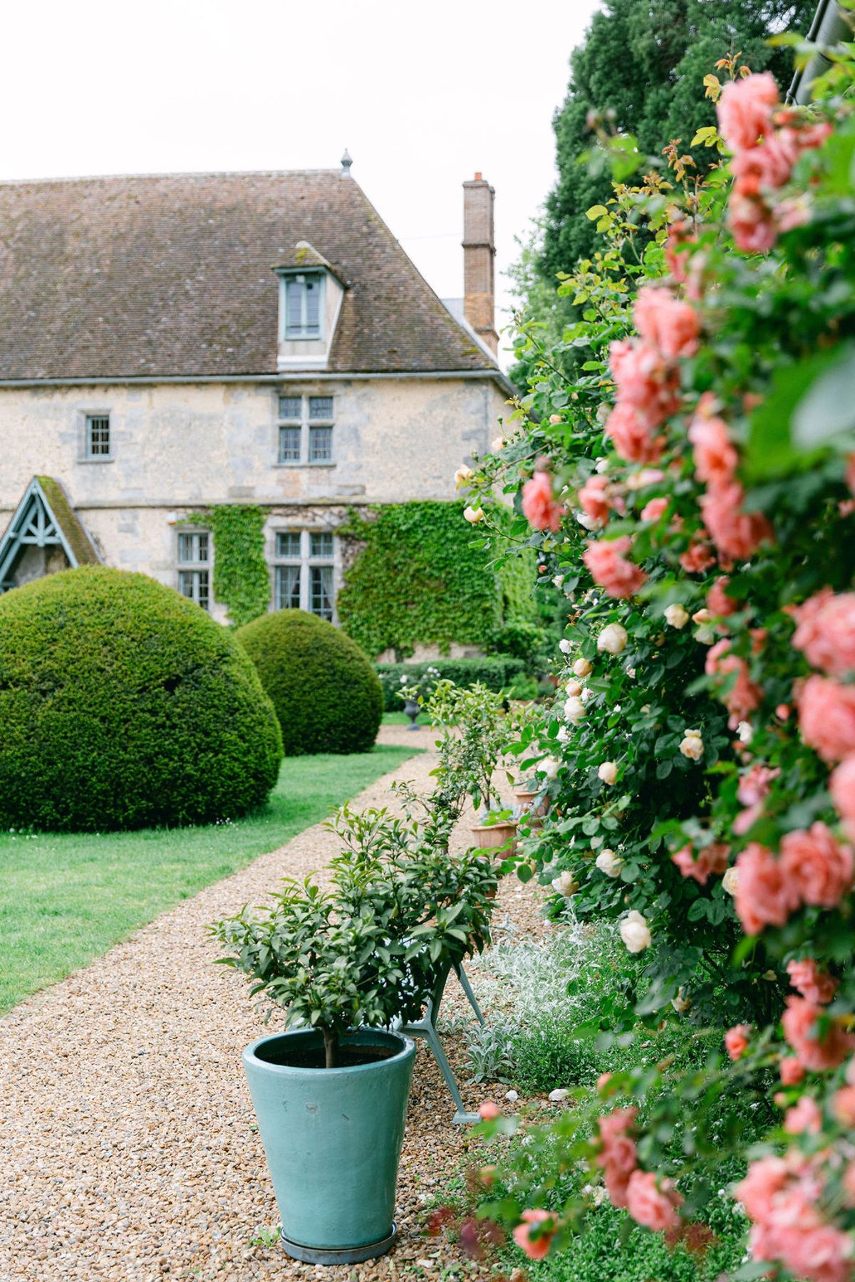A gravel path leads past clipped round hedges and pink climbing roses towards a stone house with a tiled roof.
