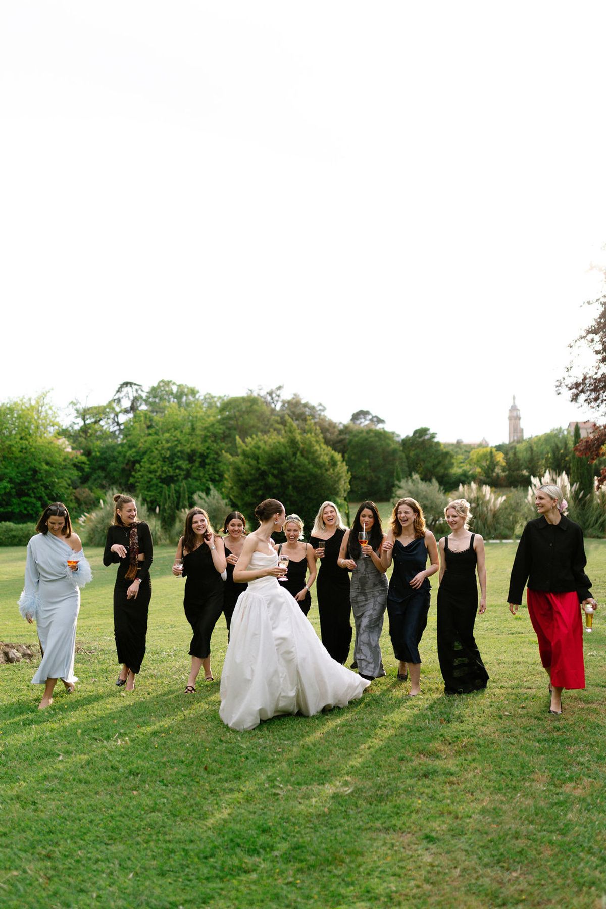 The bridal party gathers on the lawn with the Provence hills in the distance