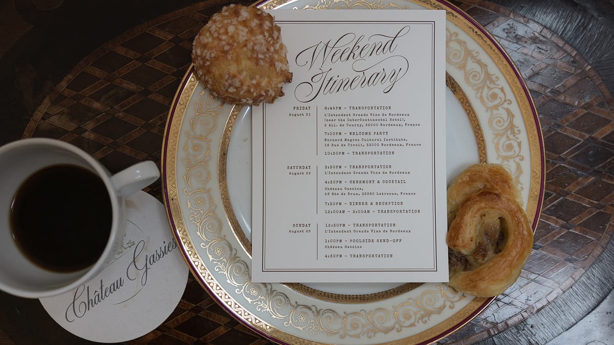 The weekend itinerary on a gilded plate with coffee and pastries