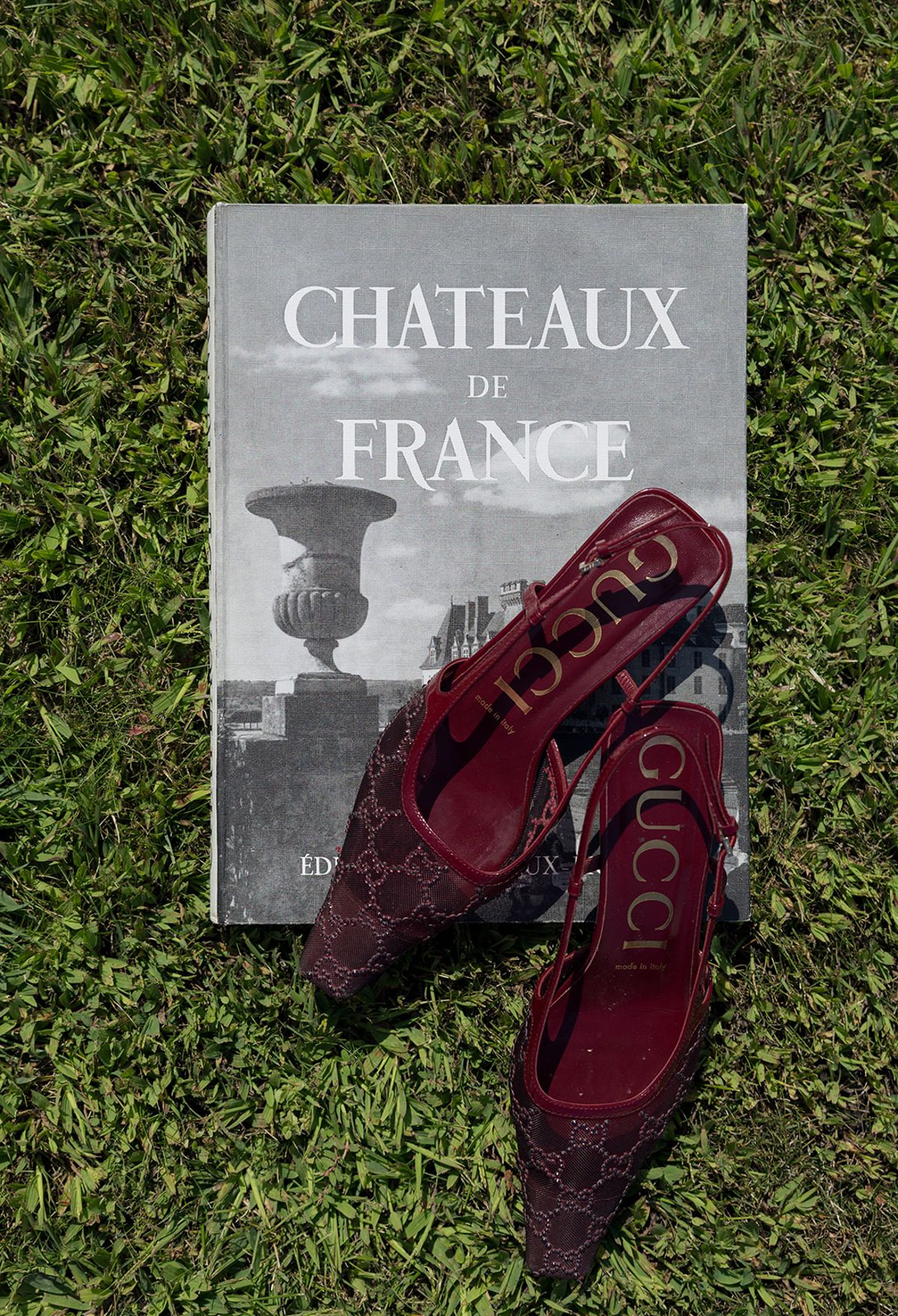 Red embellished shoes on a Châteaux de France book on grass