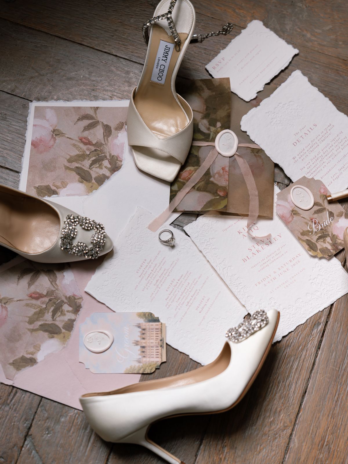 Floral-print wedding stationery with jewelled satin heels and a diamond ring for Kira and Steve