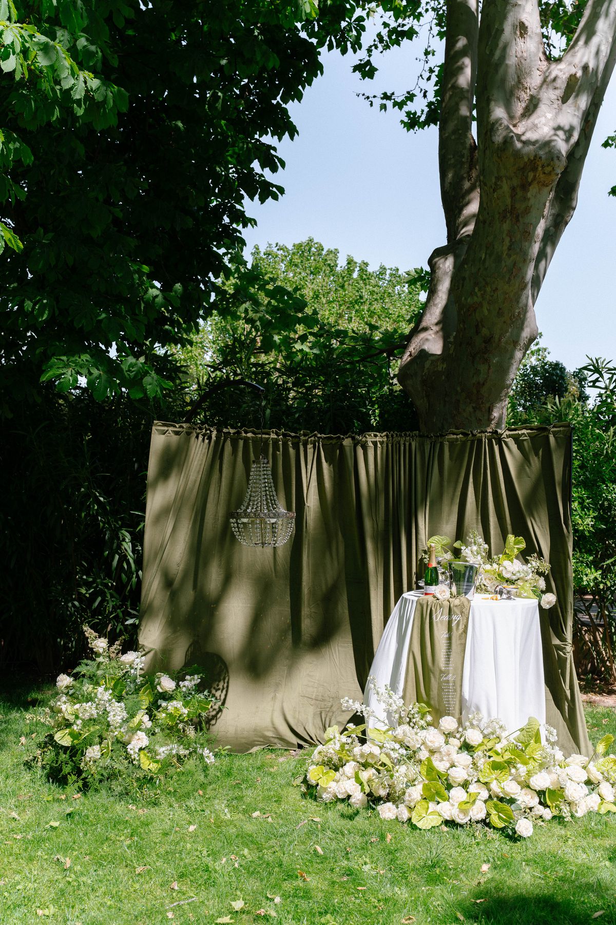 Draped fabric backdrop with a hanging crystal chandelier in a shaded garden corner