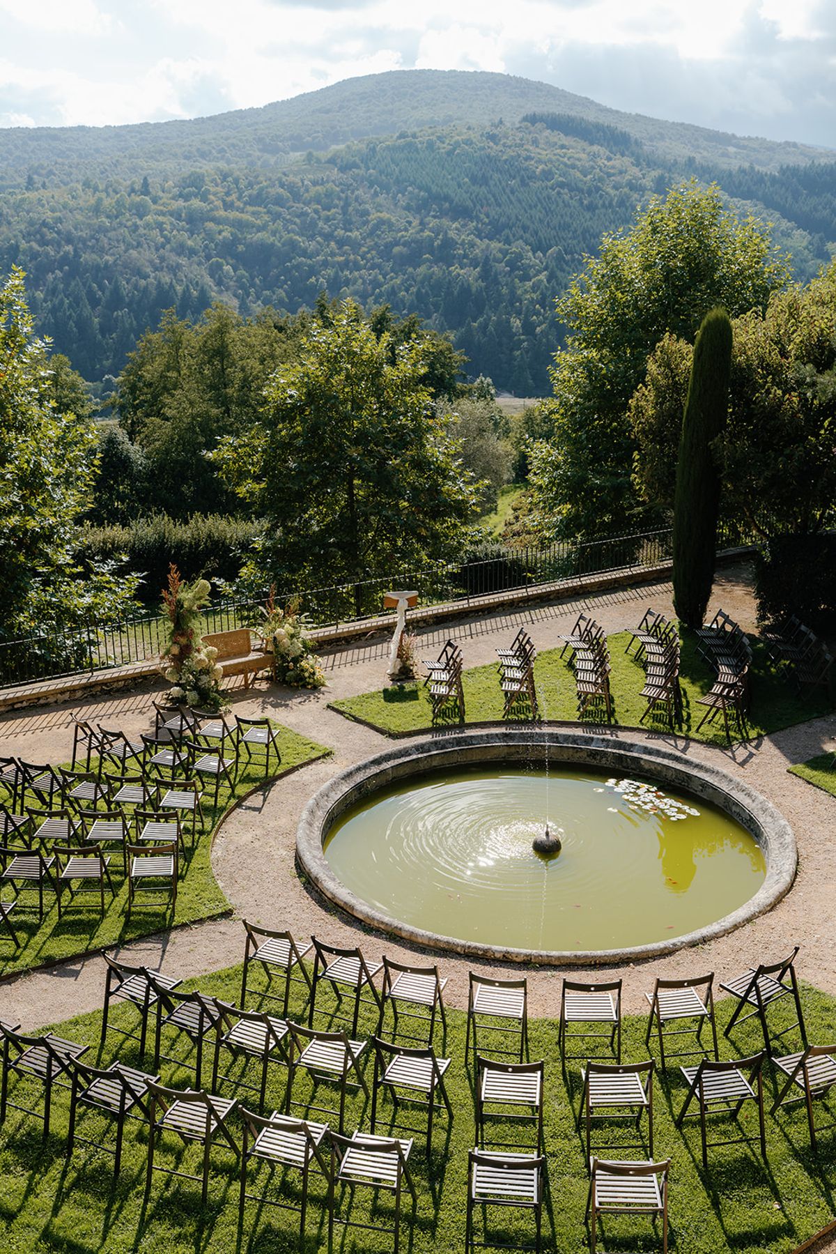 The garden ceremony setting at Domaine de Vavril before guests arrive