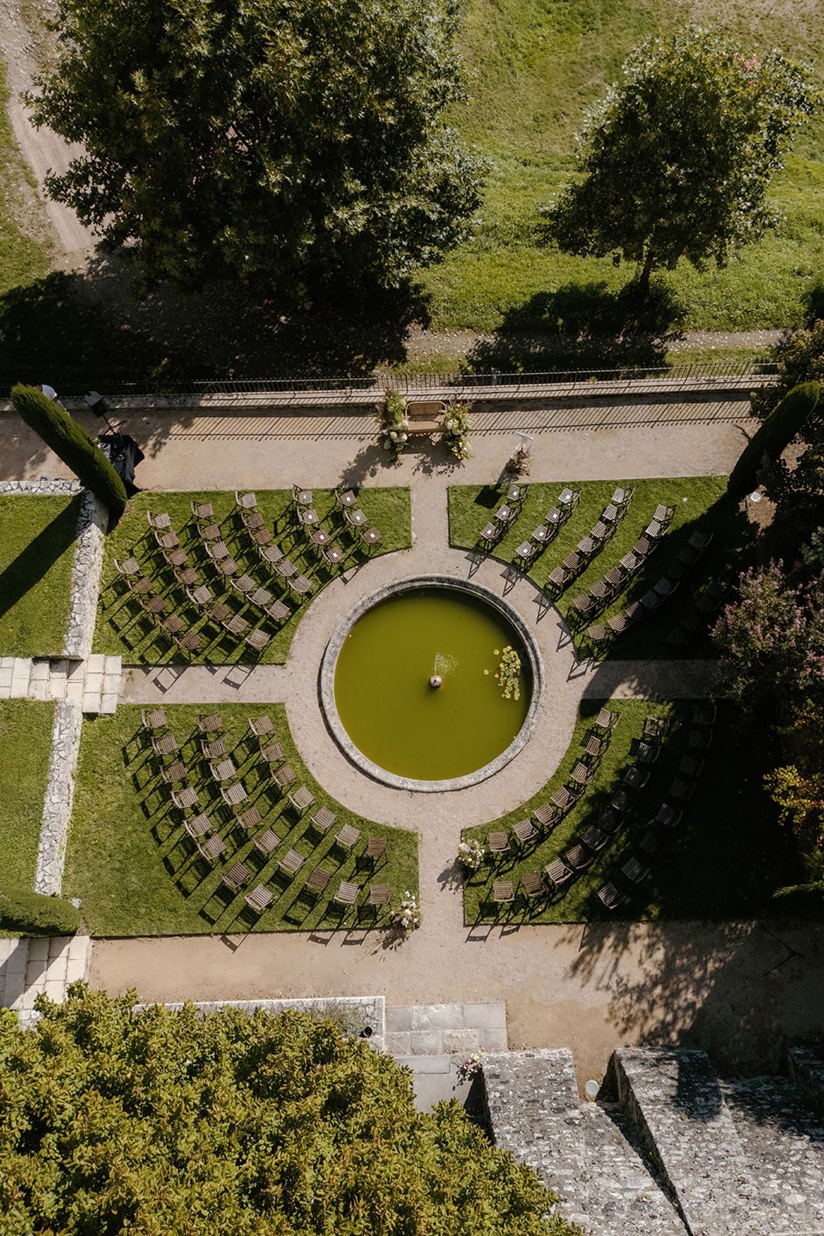 An aerial view of the formal garden and pool at Domaine de Vavril