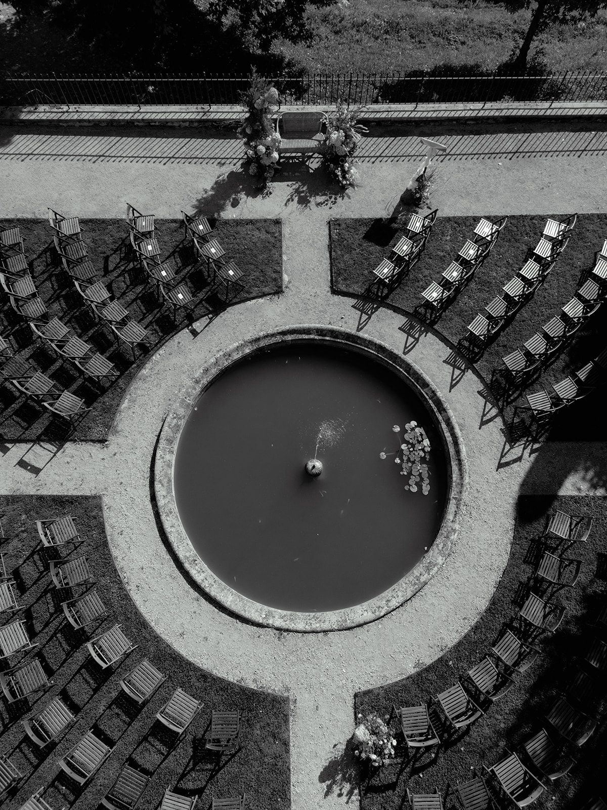 The ceremony circle seen from above in black and white