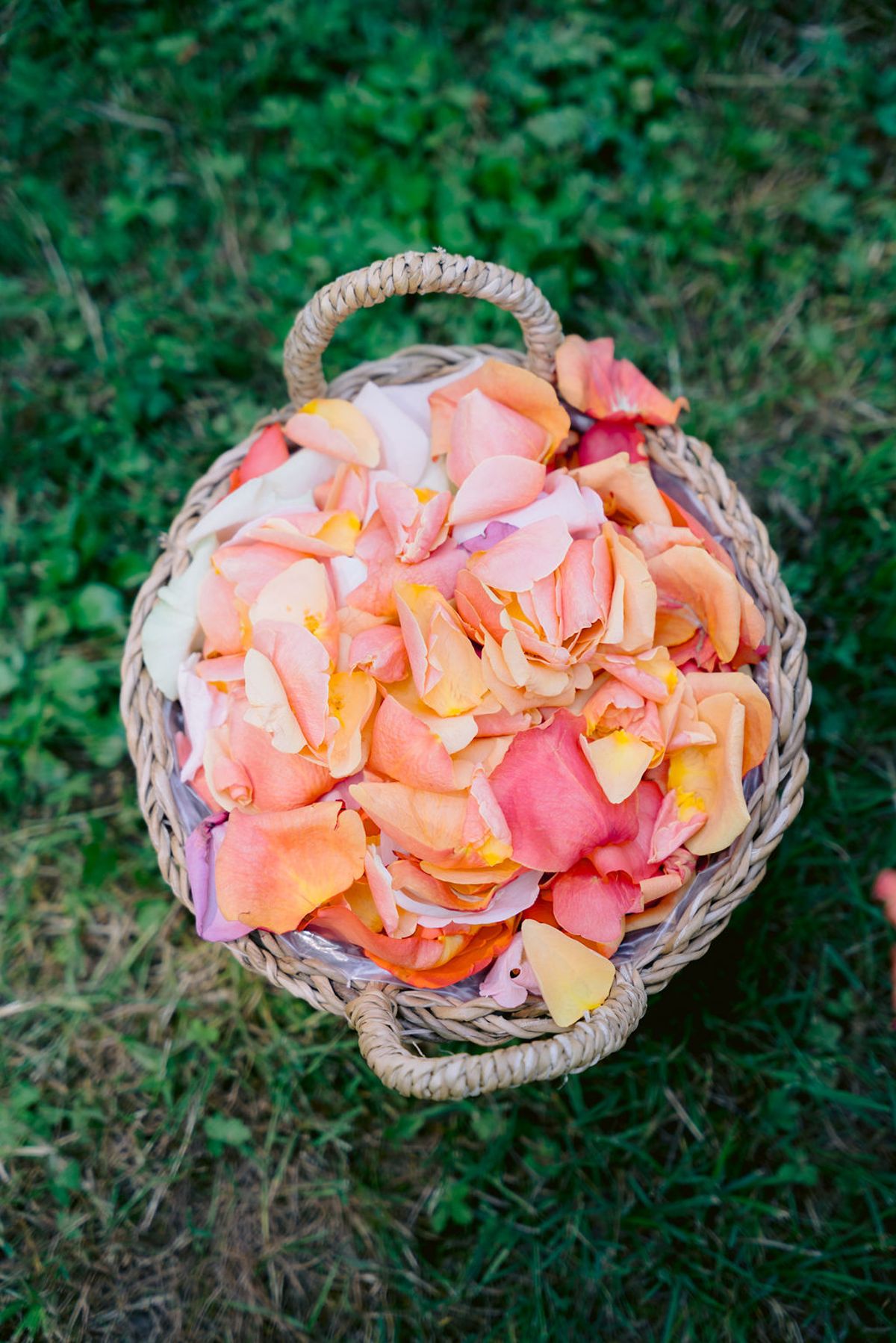 A woven basket filled with peach, pink and yellow rose petals rests on the grass, ready for the ceremony.