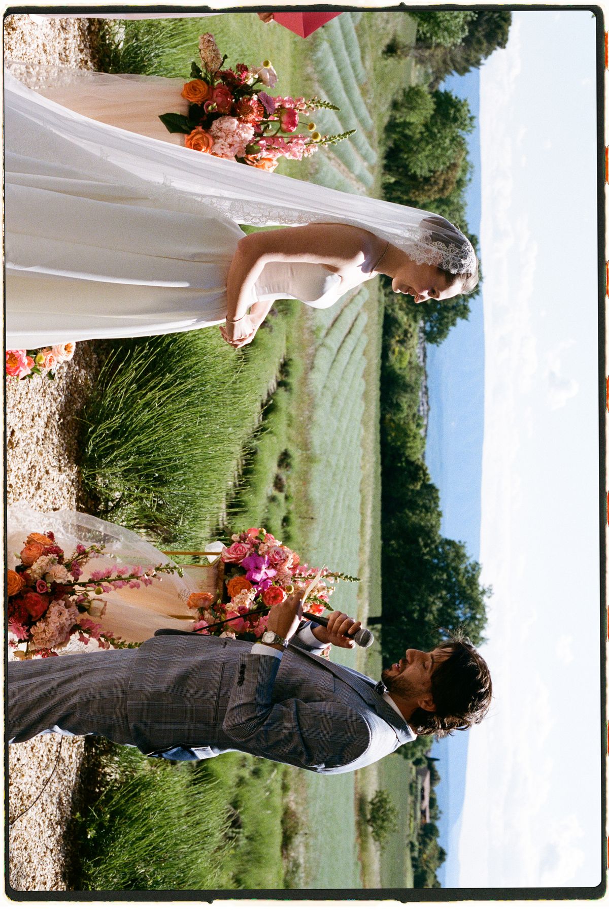 Ceremony bouquet and floral arrangement in a Provence field