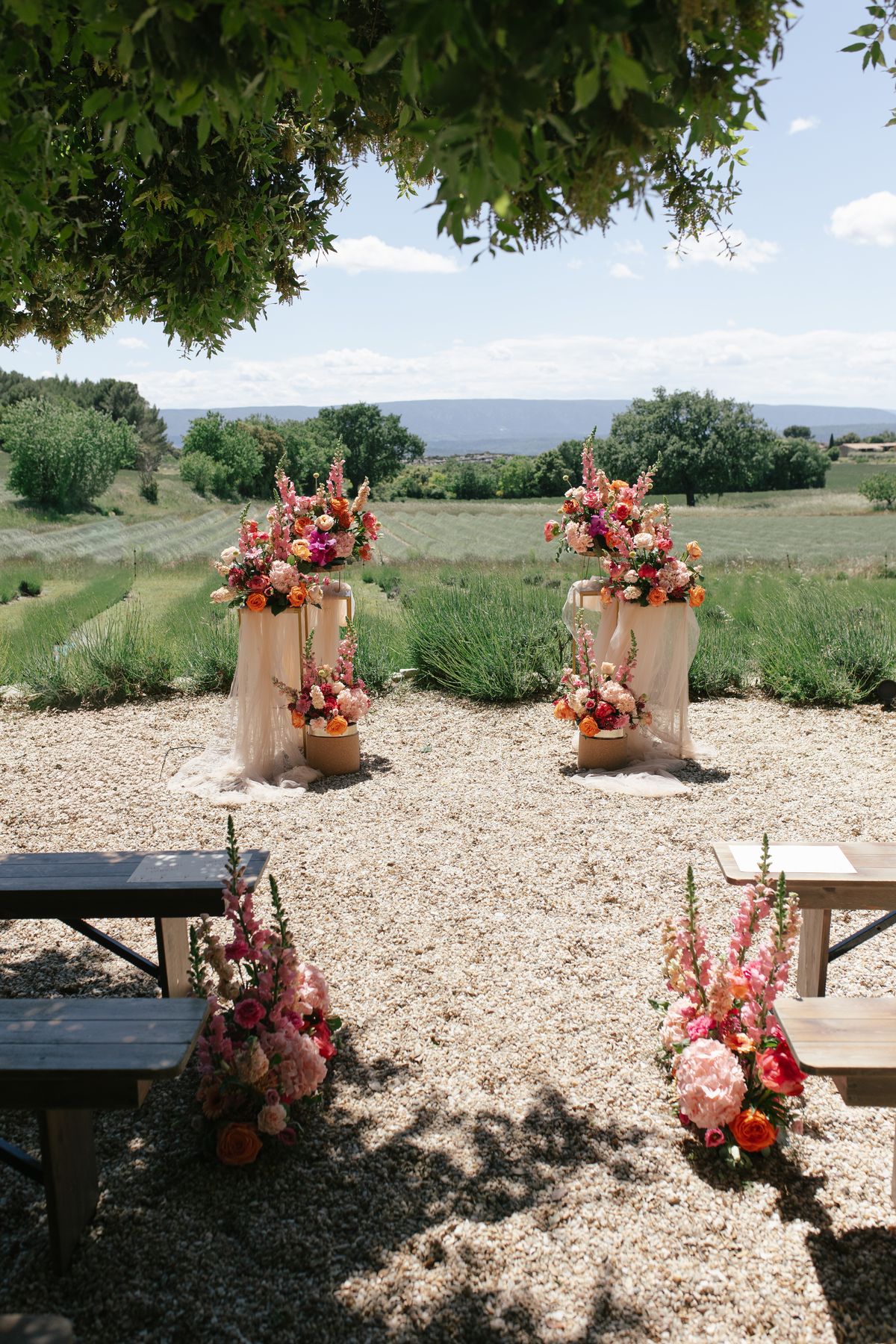 Ceremony floral arrangements in a Provence field