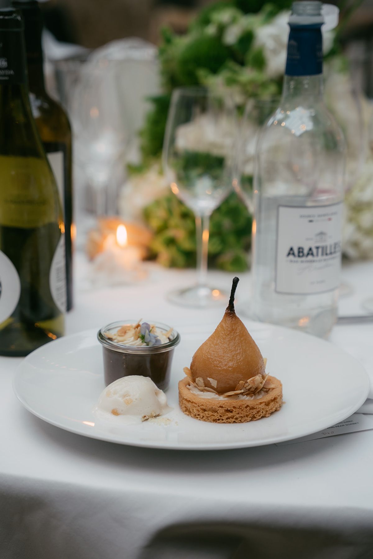 A poached pear dessert at the wedding dinner, Chateau du Pont Bourguet