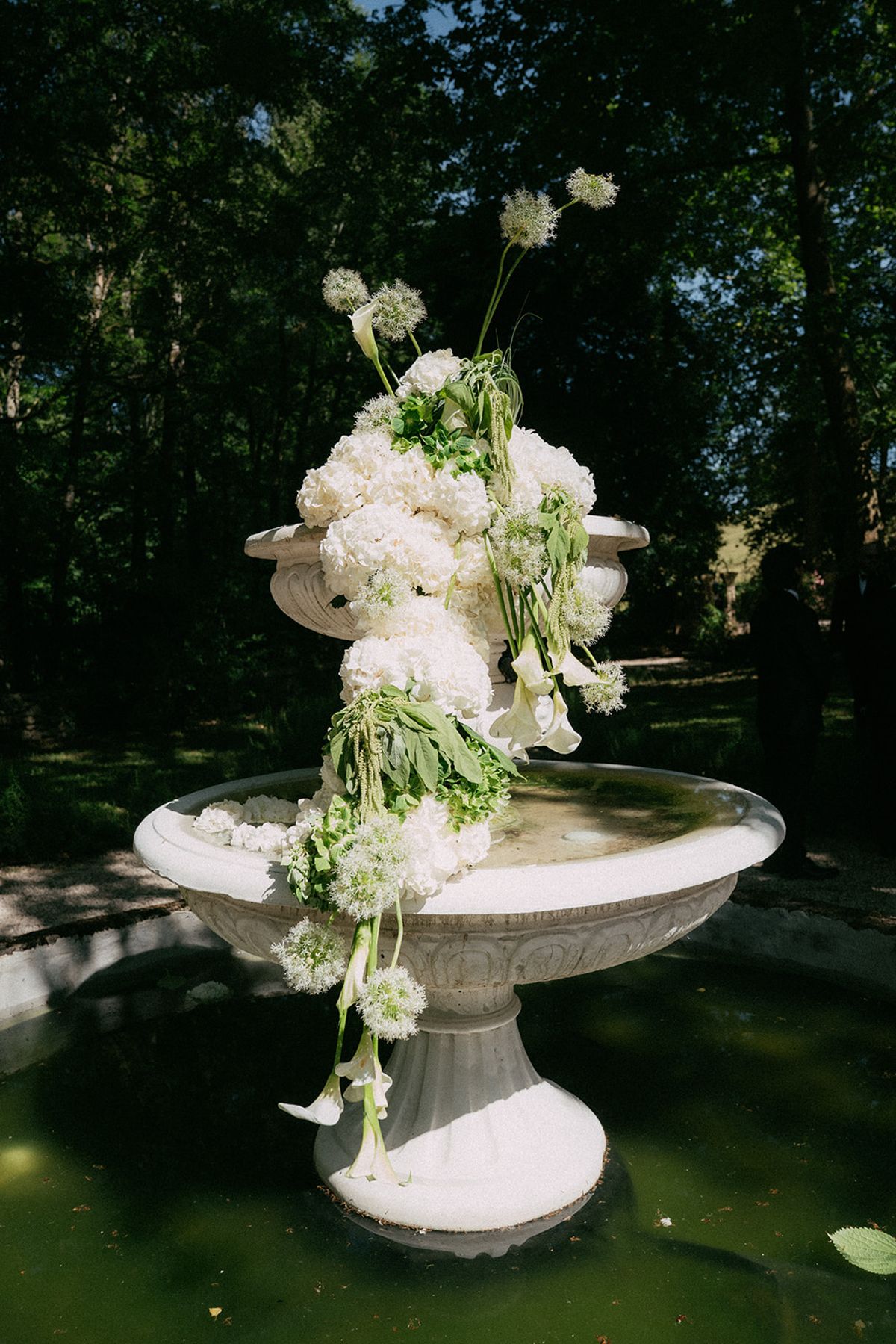 The flowering fountain in dappled light at Chateau du Pont Bourguet