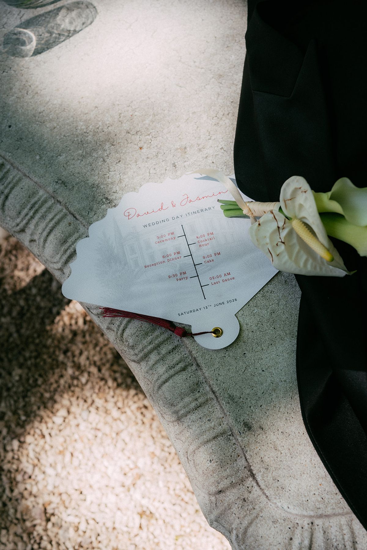 Order of service card with a calla lily at Chateau du Pont Bourguet