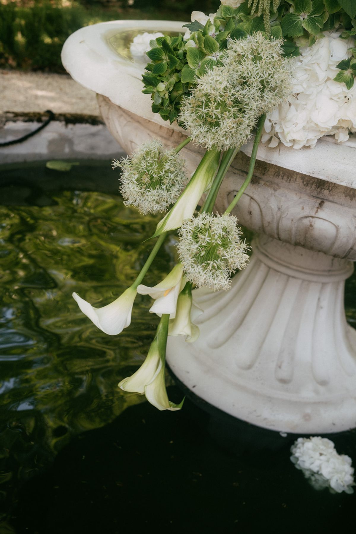 Calla lilies floating in the fountain basin at Chateau du Pont Bourguet